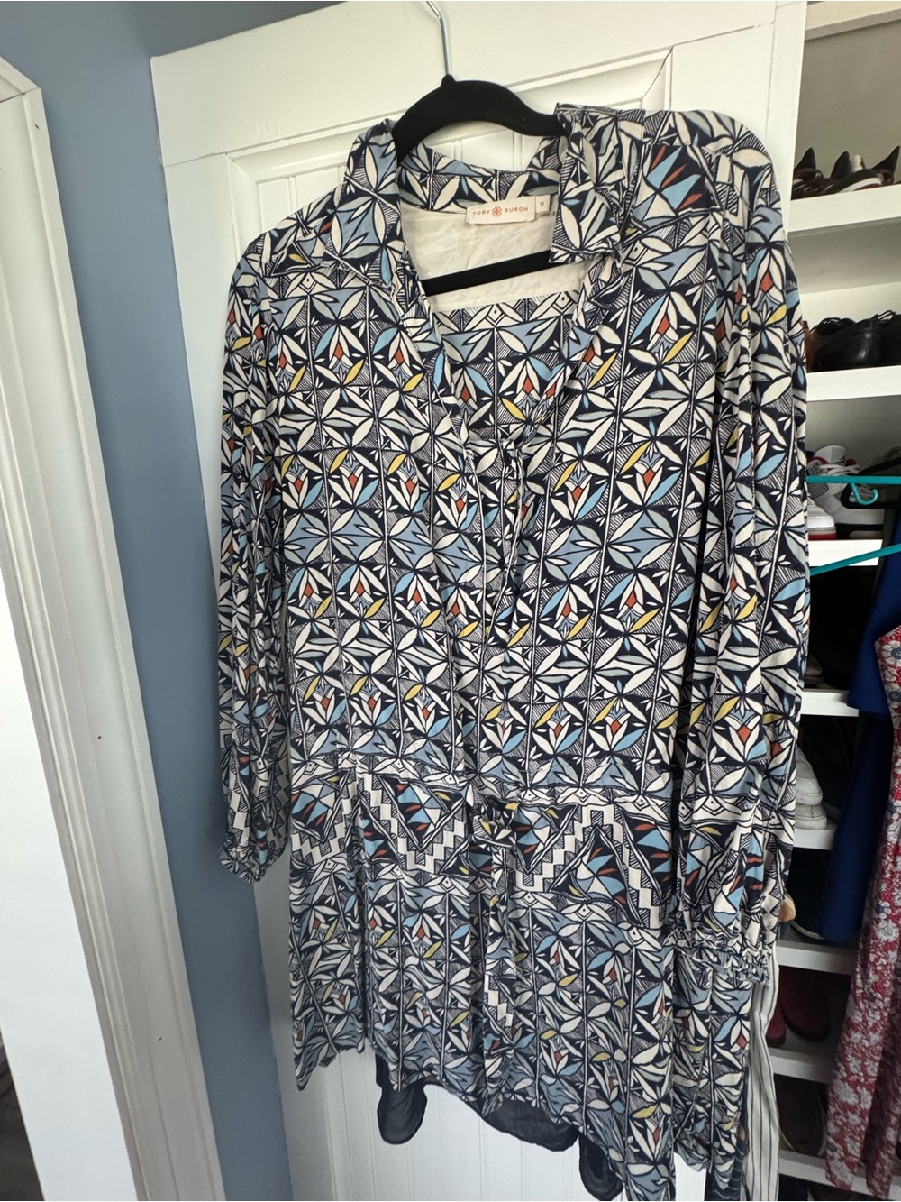 Tory Burch Navy and Light Blue Geometric Button-Front Tunic